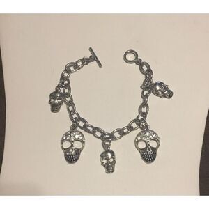 Silver Rhinestone Skull Toggle Bracelet
